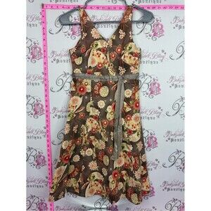 Dress Brown Floral Midi Dress with Cream and Red Accents